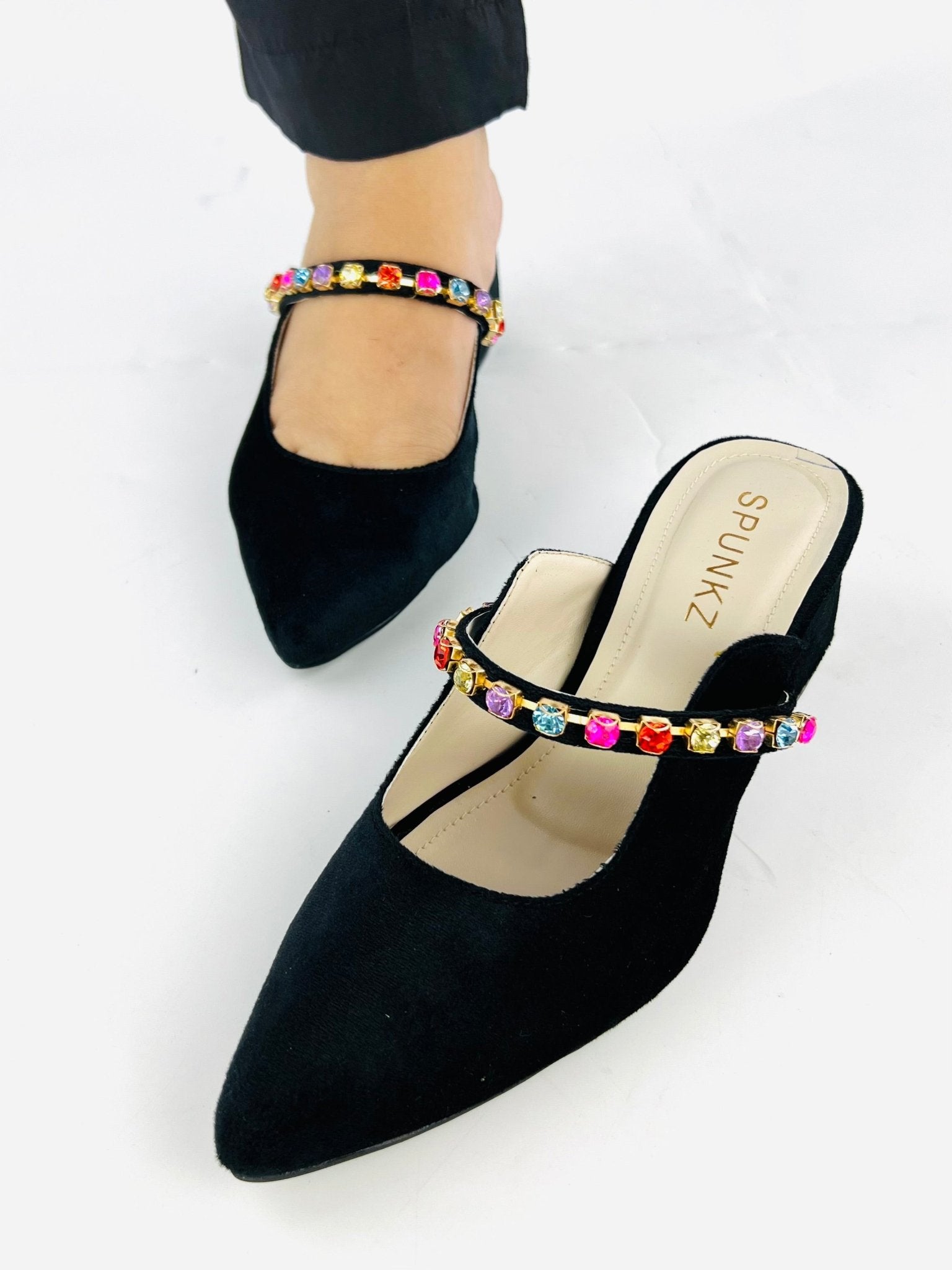 Jewel Black Mules Block Heels (11006) - Spunkz