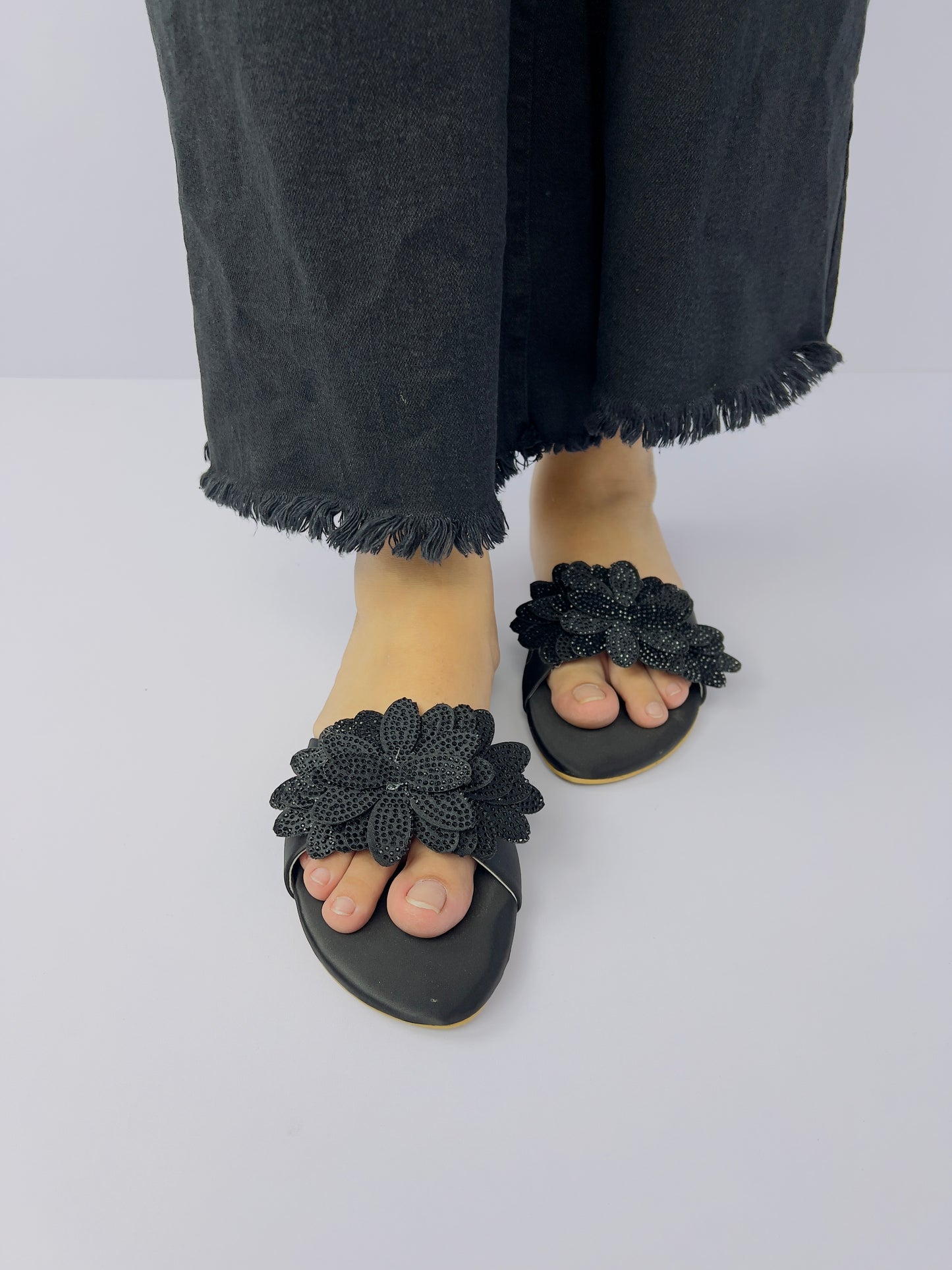 Melena Black Shiny Diamante Flower Slides-11030