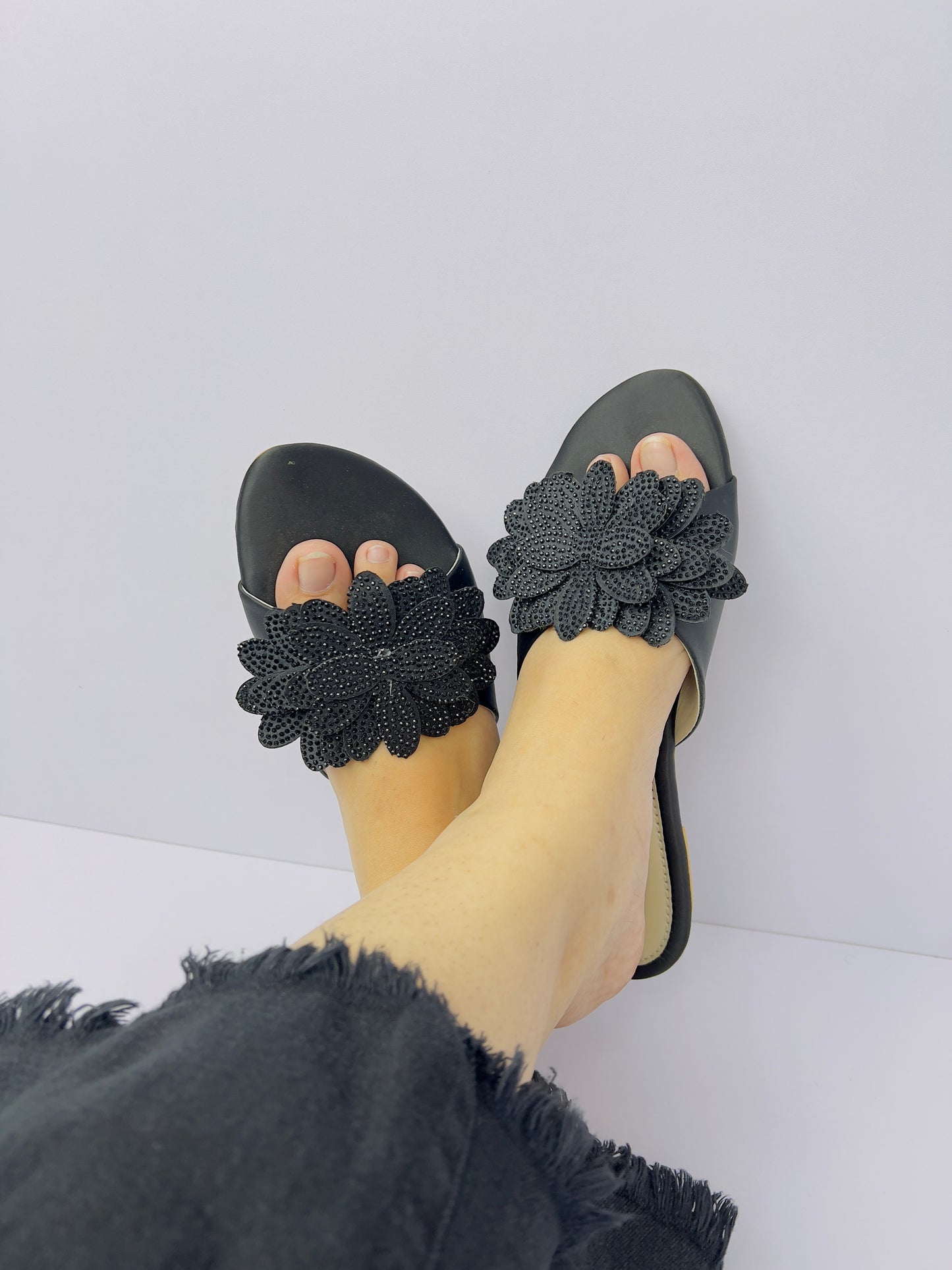 Melena Black Shiny Diamante Flower Slides-11030