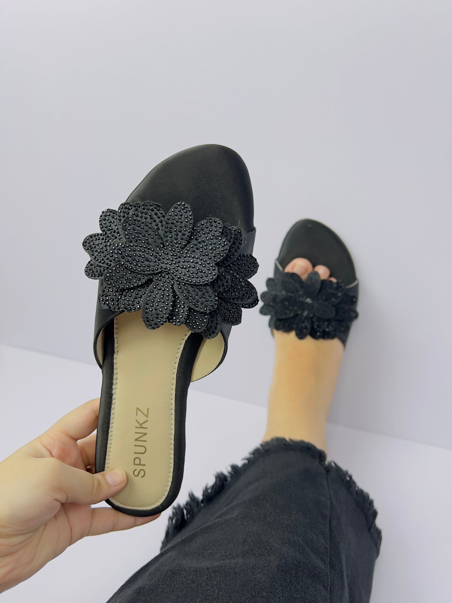 Melena Black Shiny Diamante Flower Slides-11030
