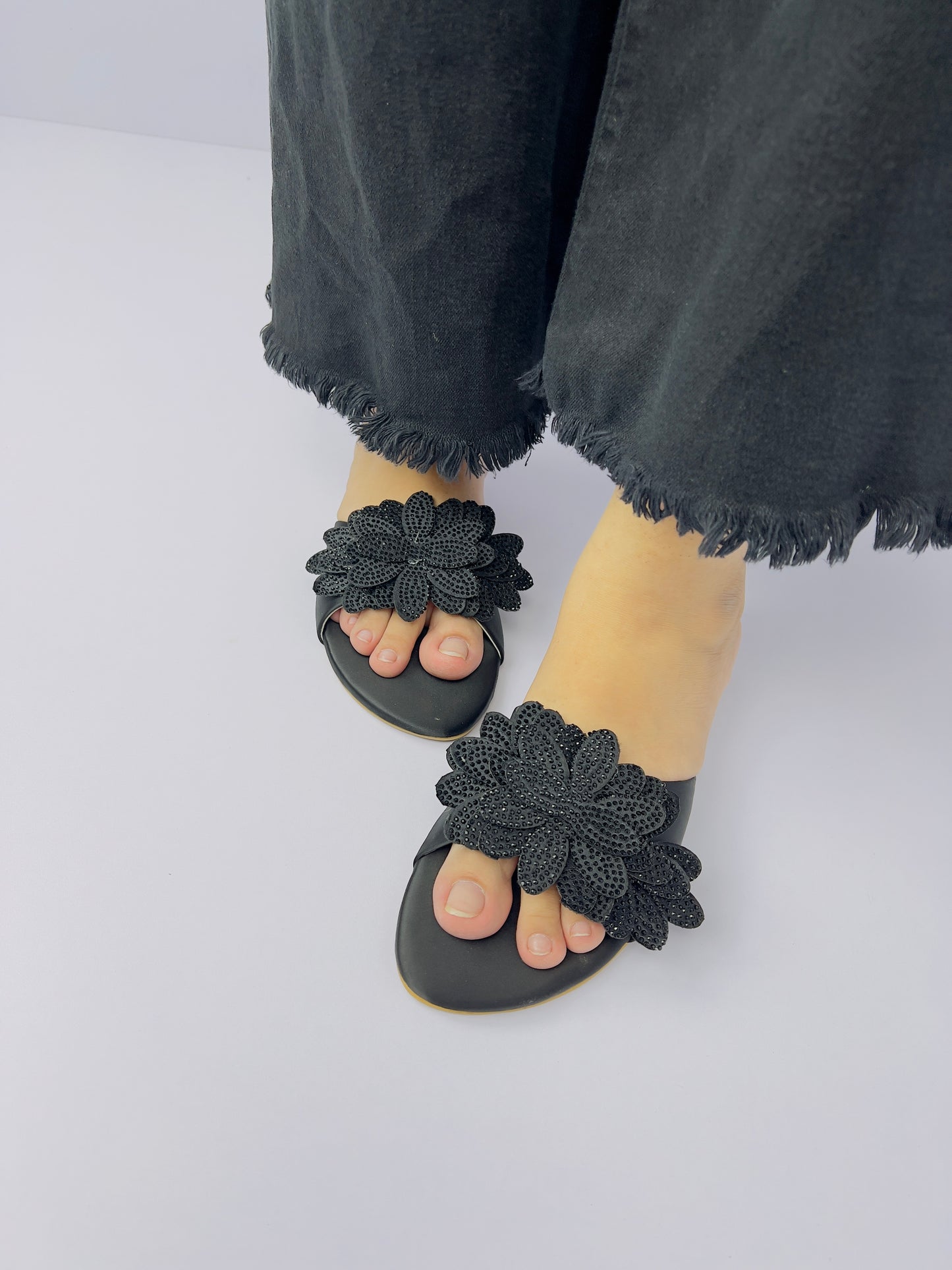 Melena Black Shiny Diamante Flower Slides-11030