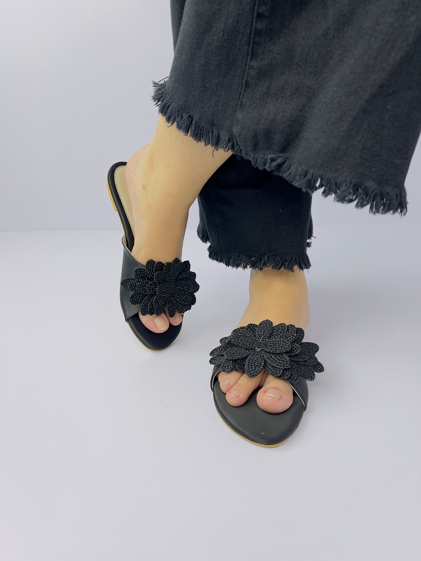 Melena Black Shiny Diamante Flower Slides-11030
