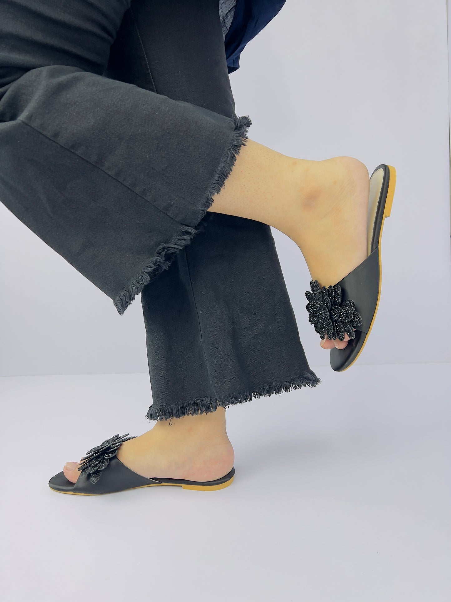 Melena Black Shiny Diamante Flower Slides-11030
