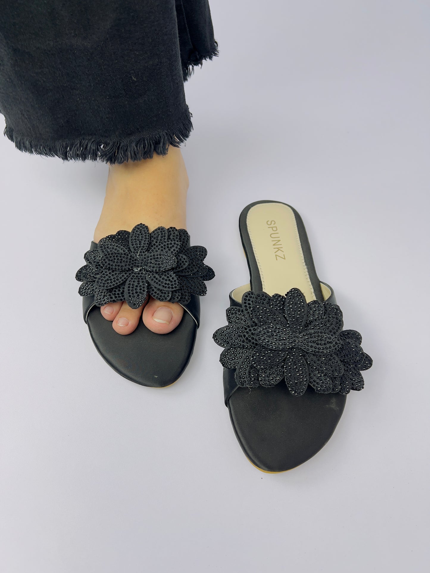 Melena Black Shiny Diamante Flower Slides-11030