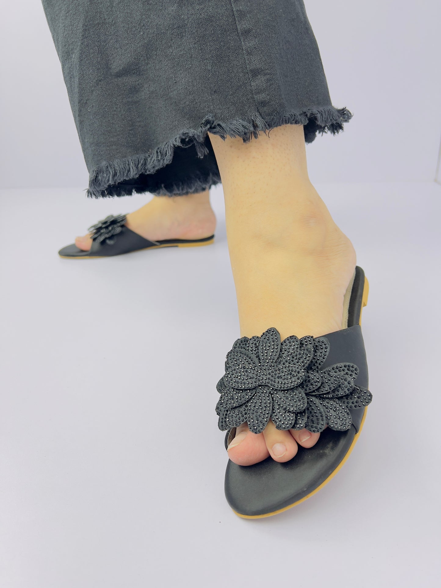 Melena Black Shiny Diamante Flower Slides-11030