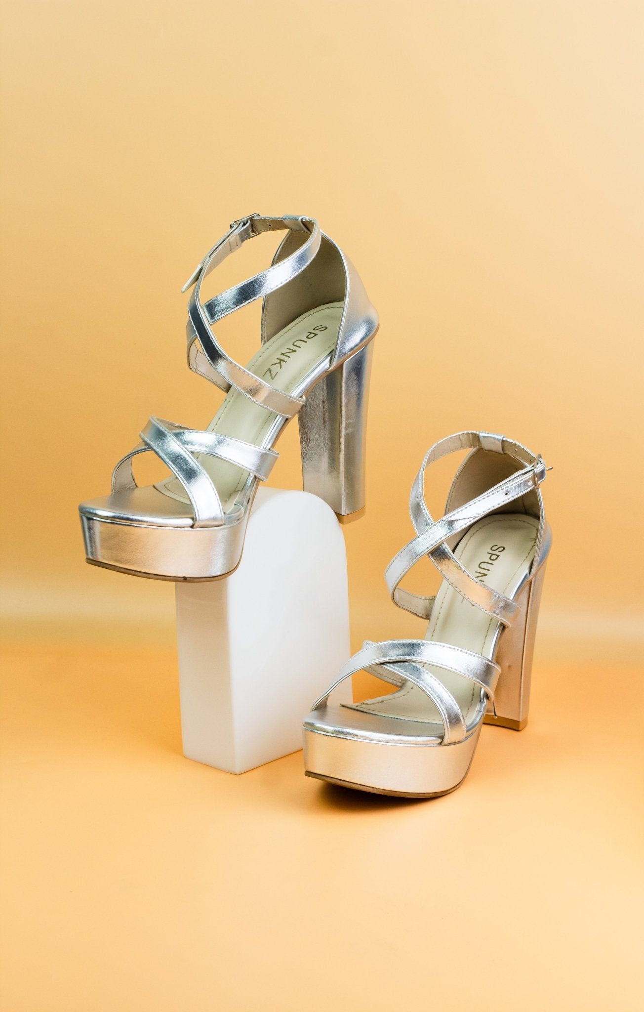 Strappy Silver Platform Heels (11057) - Spunkz