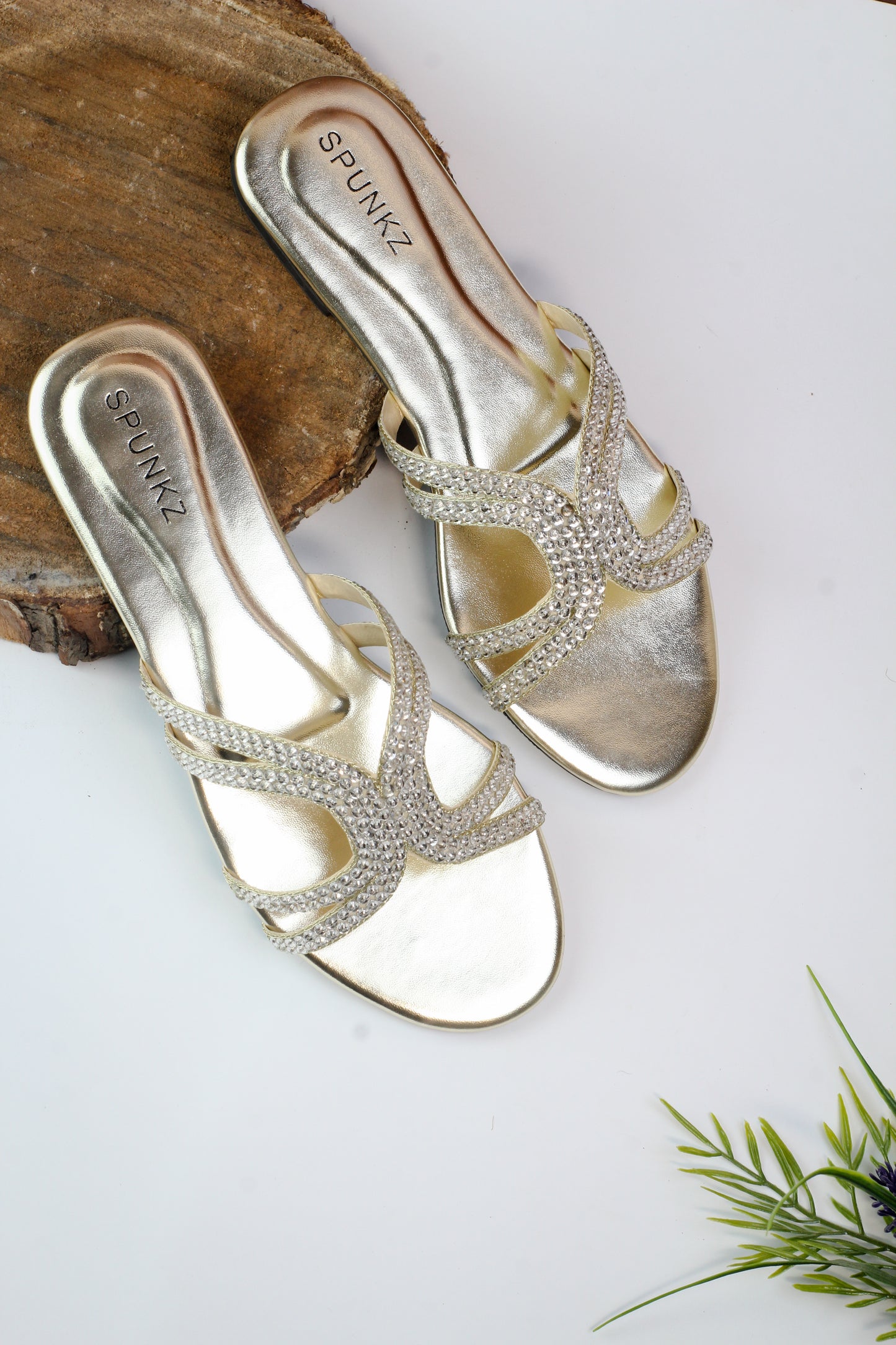 Spunkz Ava Rhinestone Flat Golden Slides - Spunkz