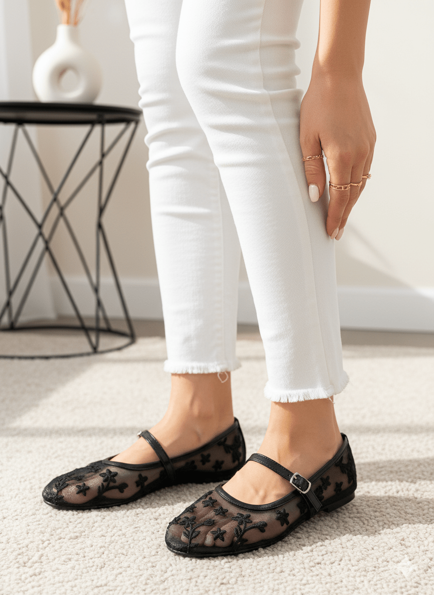 Black Mesh Floral Ballet Flats - Spunkz
