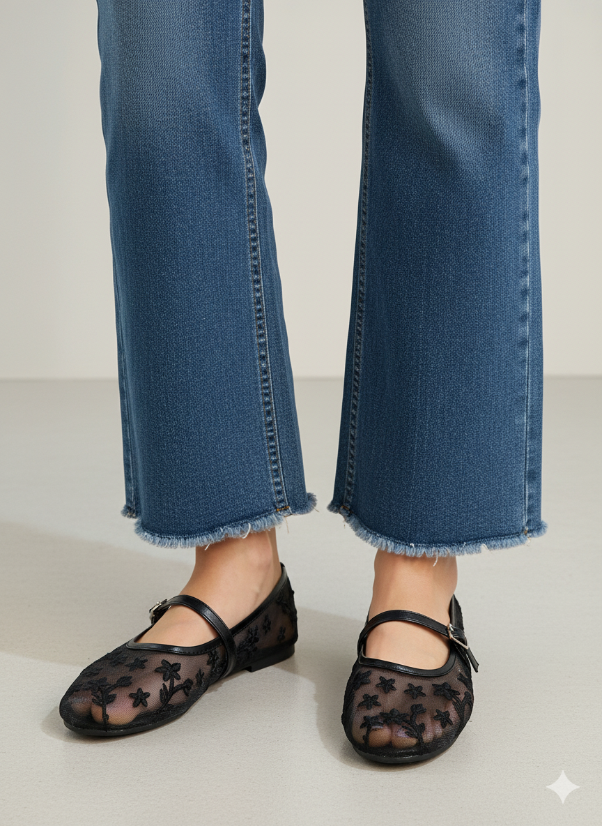 Black Mesh Floral Ballet Flats