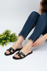 H Flat Black Slippers (11058)