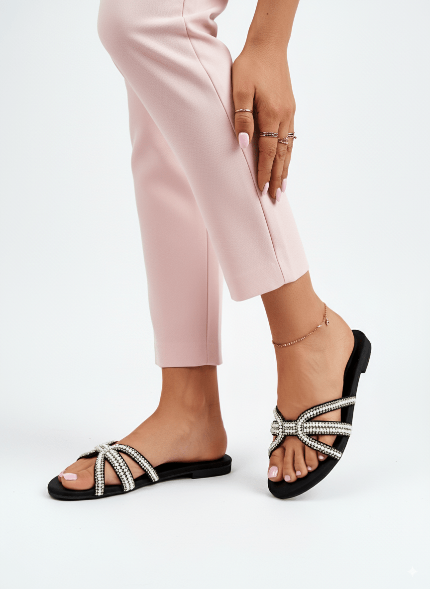 Black Pearl Straps Slippers - Spunkz