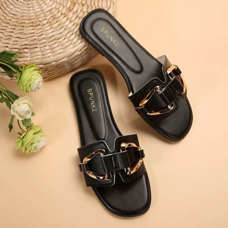 Spunkz Black Metal Chain Buckle Casual Flat Slides for Women-11080