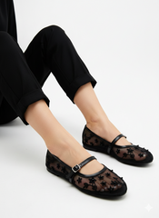Black Mesh Floral Ballet Flats