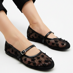 Black Mesh Floral Ballet Flats 90052