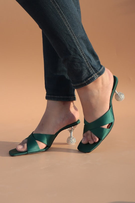 Yes Darling Love Mules in Green Satin with Crystal Disco Ball Heel