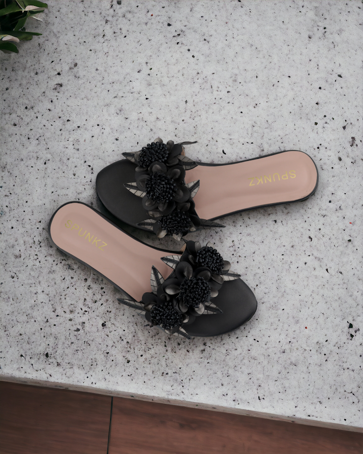 Lilico floral embellishments black sleek slide sandals - Spunkz