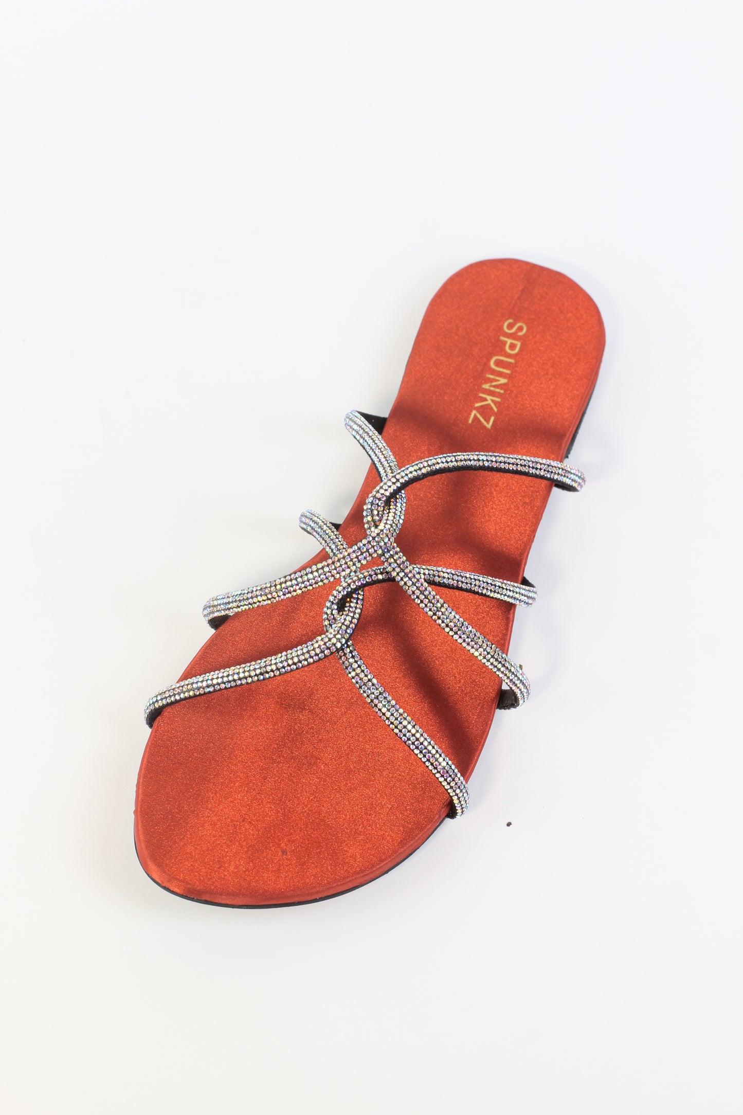 Mia Orange Shiny Rhinestone Mesh Twirl Straps Flat Sandals - Spunkz