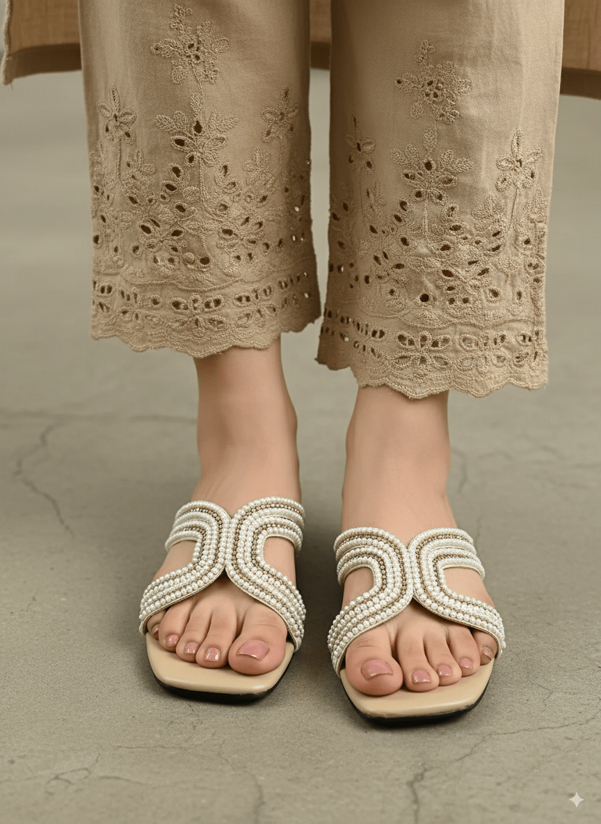 Pearl Embellished Nude Slippers - Spunkz