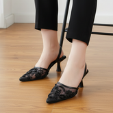 Black Floral Embroidery Slingback Heels 90039