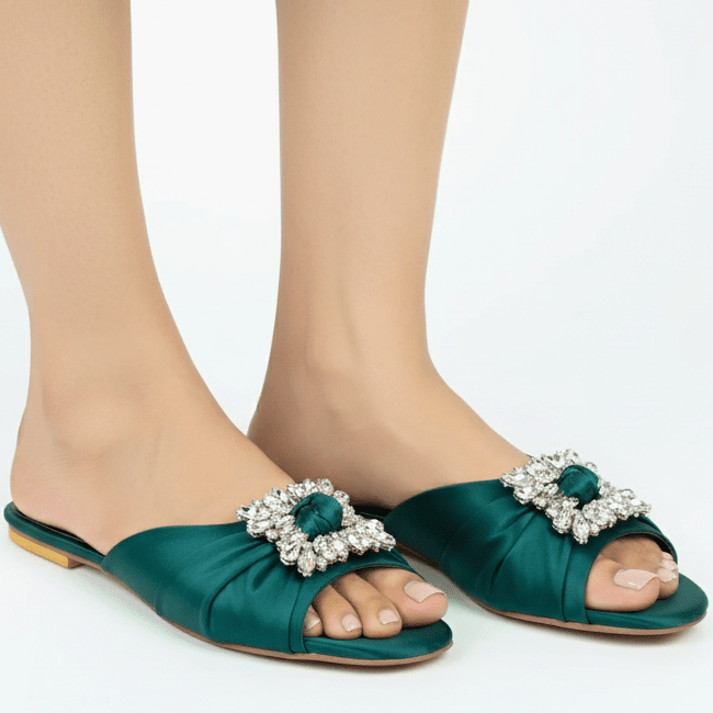 Green Brooch Flat Slippers (11033) - Spunkz