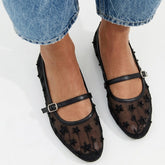 Black Mesh Floral Ballet Flats 90052
