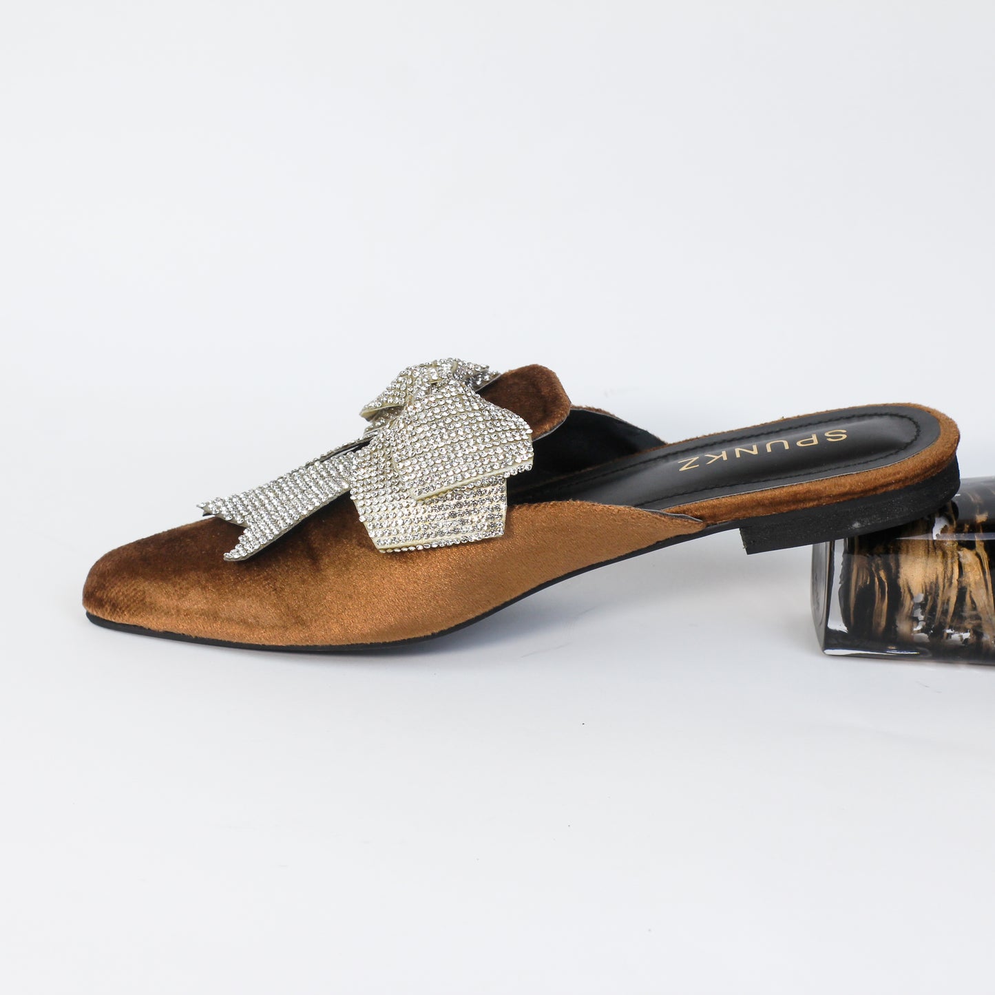 Annabel Chocolate Brown Crystal mesh bow Velvet Mules - Spunkz