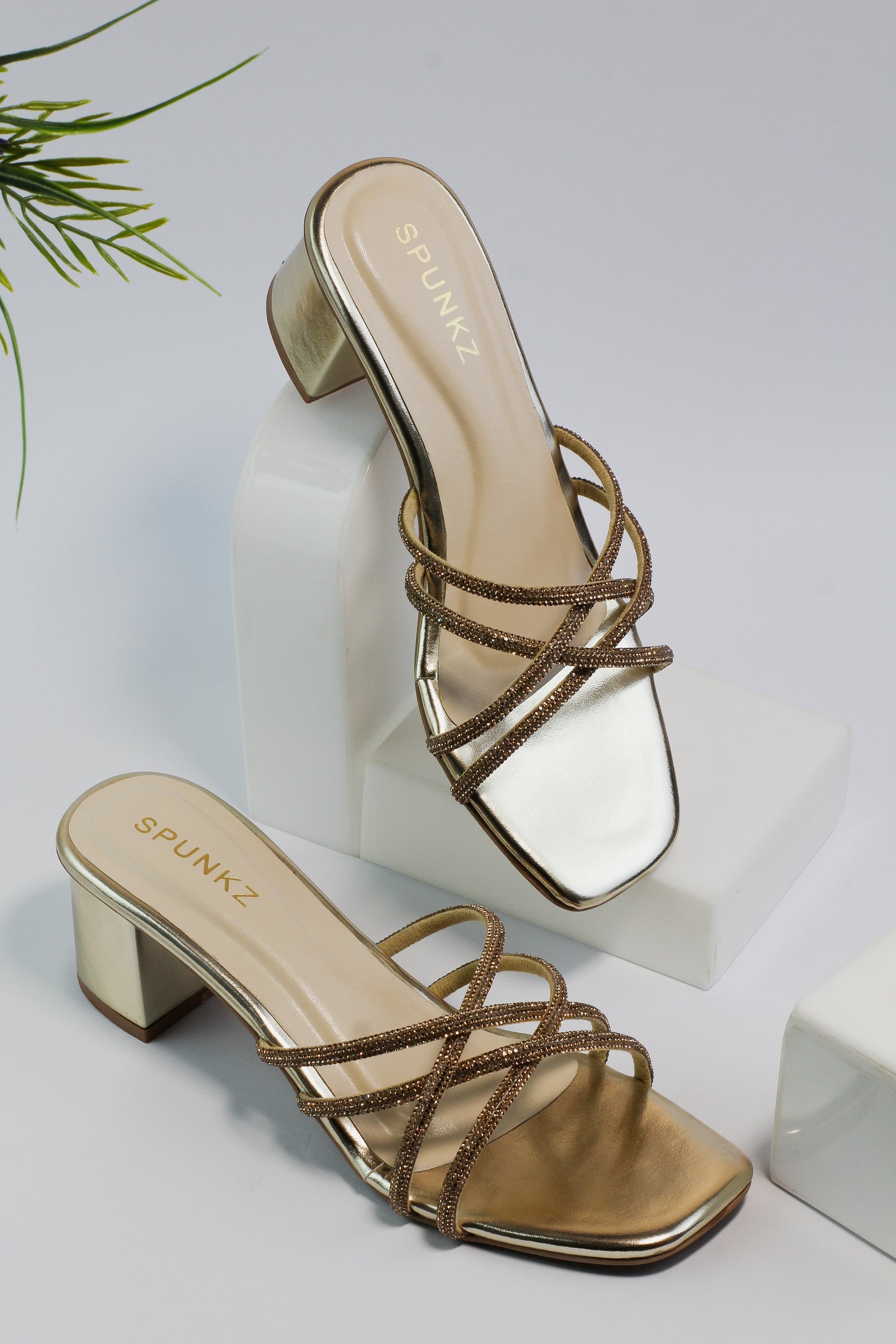 Alba Golden Rhinestone Cross Chained Strap Block Heel Sandals - Spunkz