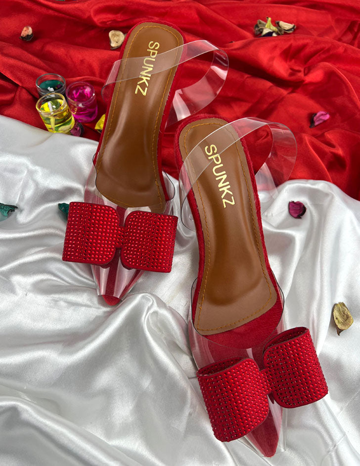 Red Romeo Crystal Embellished Shiny Bow Pointed Toe Heels - Spunkz