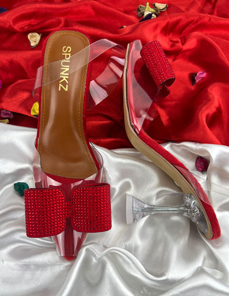 Red Romeo Crystal Embellished Shiny Bow Pointed Toe Heels - Spunkz