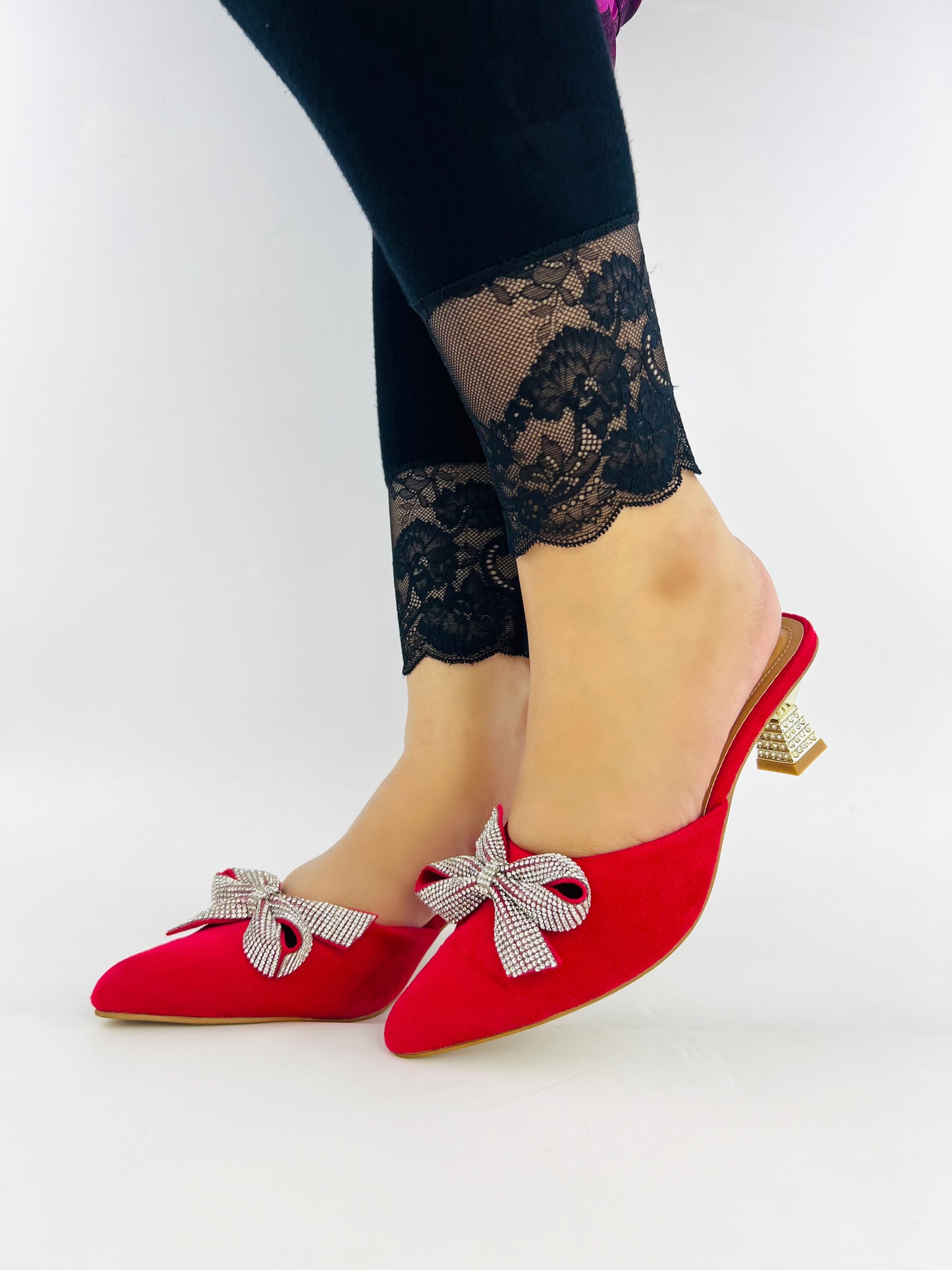 Spunkz Pointed Toe Mid Heel Red Butterfly-Knot Slip-On Sandals