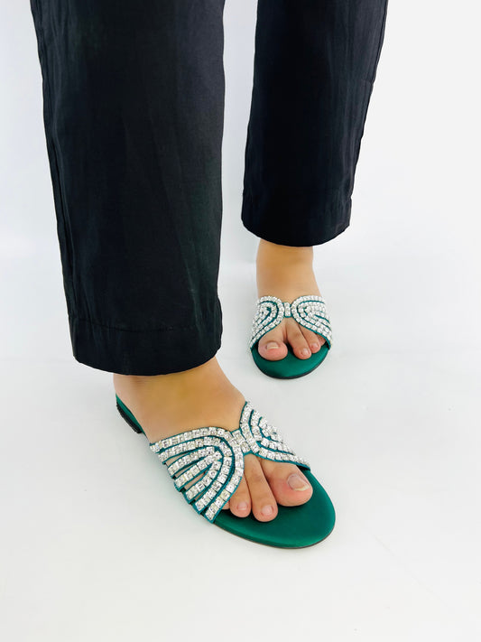 Jamie Green Crystal Stones Embellished Flats Sandals-11035