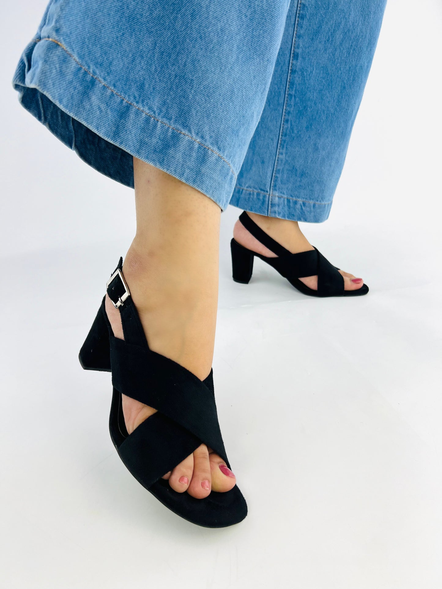 Spunkz Black Comfort Cross Over Block Heeled Sandals