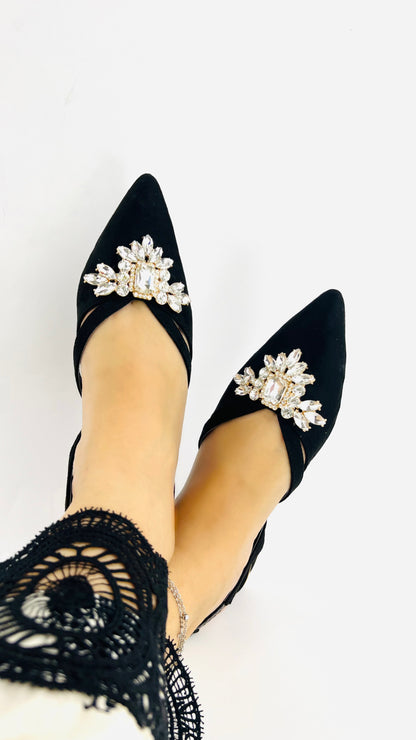 Spunkz Black Velvet Women Embellished Pointed Toe Flat Slingback Mules