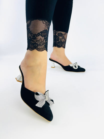 Spunkz Pointed Toe Black Velvet Mules with Rhinestone Kitten Heels