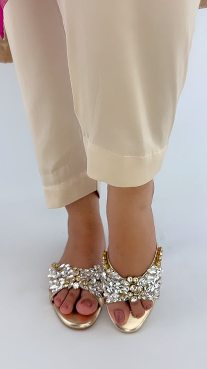 Spunkz Crystal Stones Embellished Golden Flat Sandals