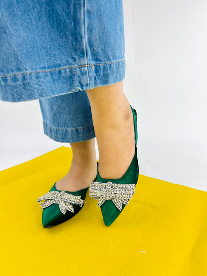 Spunkz Pointed Toe Rhinestone Bow Knot Green Slingback Flats