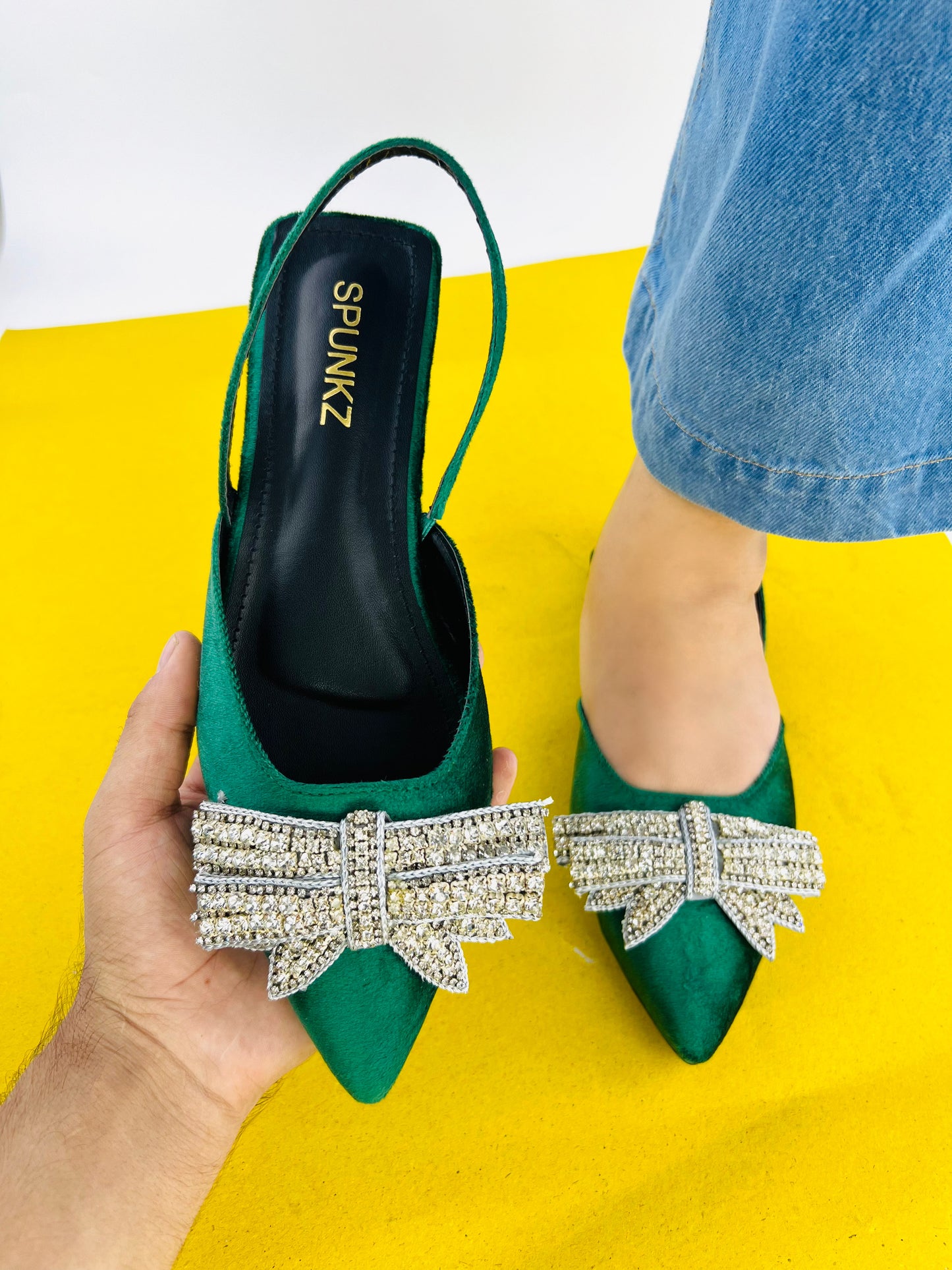 Spunkz Pointed Toe Rhinestone Bow Knot Green Slingback Flats