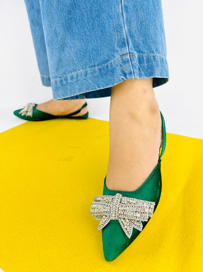 Spunkz Pointed Toe Rhinestone Bow Knot Green Slingback Flats