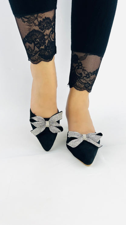 Spunkz Pointed Toe Black Velvet Mules with Rhinestone Kitten Heels