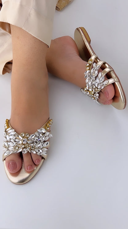 Spunkz Crystal Stones Embellished Golden Flat Sandals