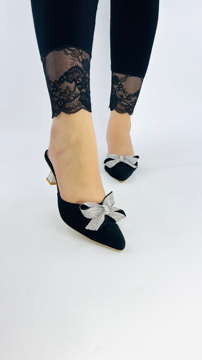 Spunkz Pointed Toe Black Velvet Mules with Rhinestone Kitten Heels