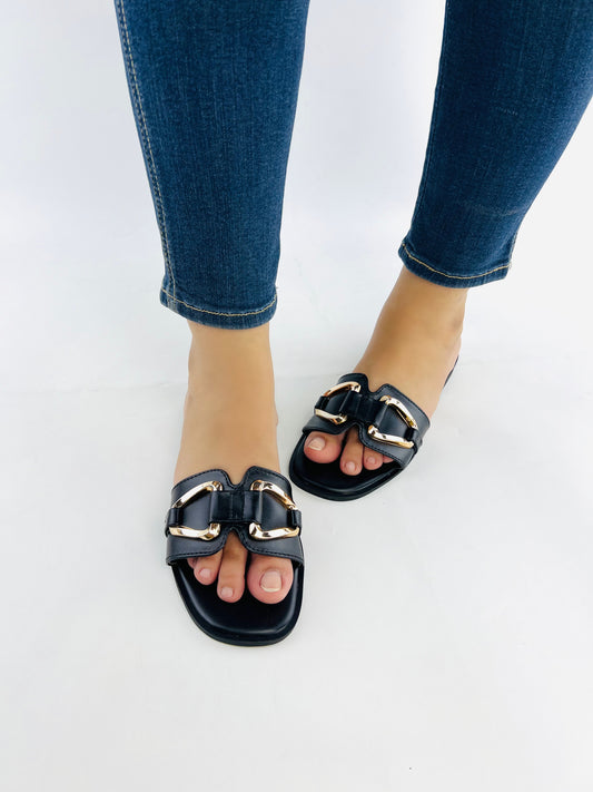 Spunkz Black Metal Chain Buckle Casual Flat Slides for Women-11080