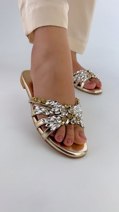 Spunkz Crystal Stones Embellished Golden Flat Sandals