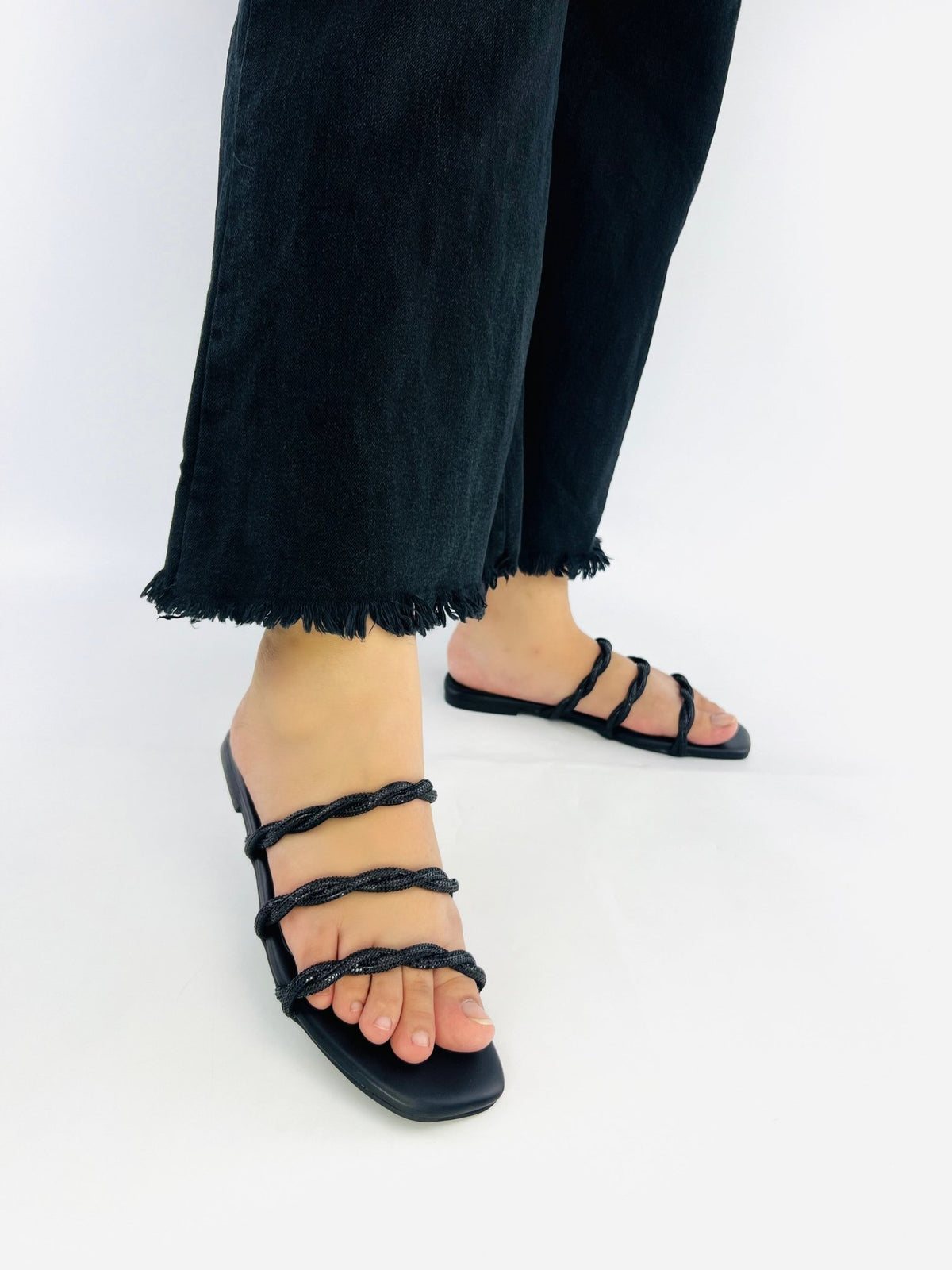Quilted Black Flat Sandals (11084) - Spunkz
