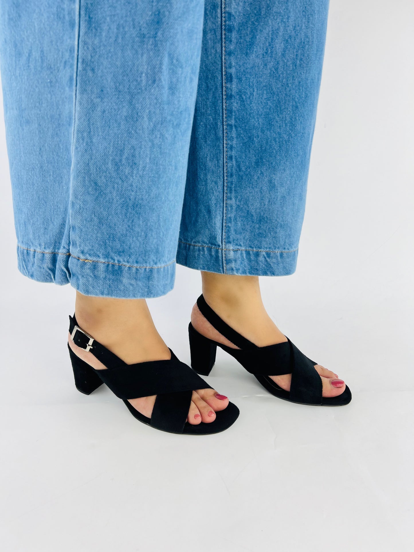 Spunkz Black Comfort Cross Over Block Heeled Sandals