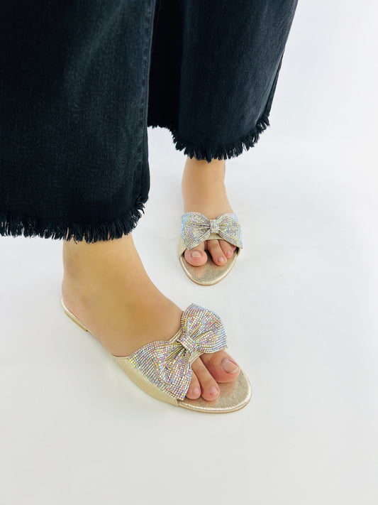 Spunkz Shimmery Gold Diamond Jeweled Butterfly Knot Bow Flats