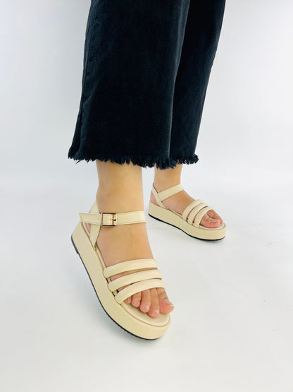 Spunkz Beige Patent Comfy Ankle Strap Platform Wedge Sandals-11027