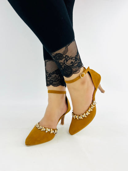 Brown Petal Flowers Studded Ankle Strap leather Heels