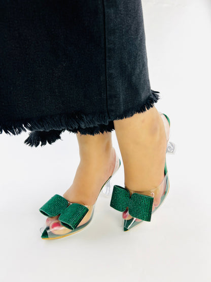 Green Romeo Crystal Bow Transparent Cinderella Heels