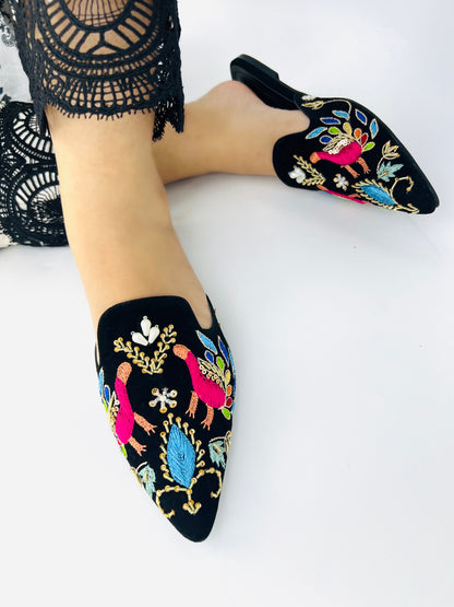 Spunkz Peacock Hand Embroidery Black Velvet Flat Mules